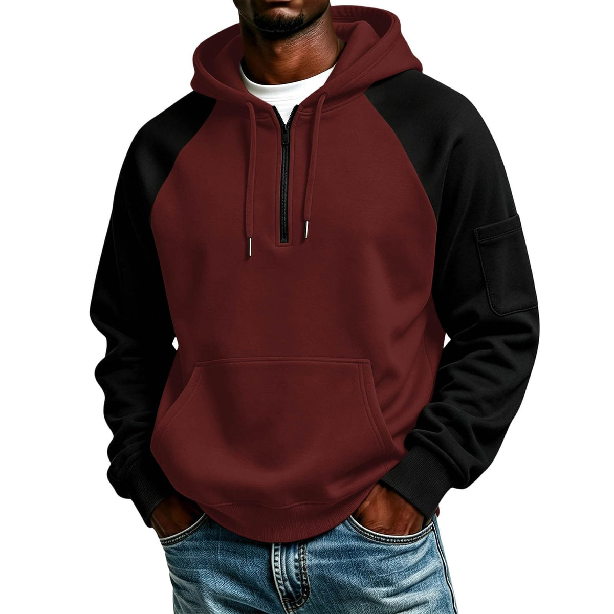 Quarter Zip Hoodies for Men Contrast Kangaroo Pocket Sweatshirt