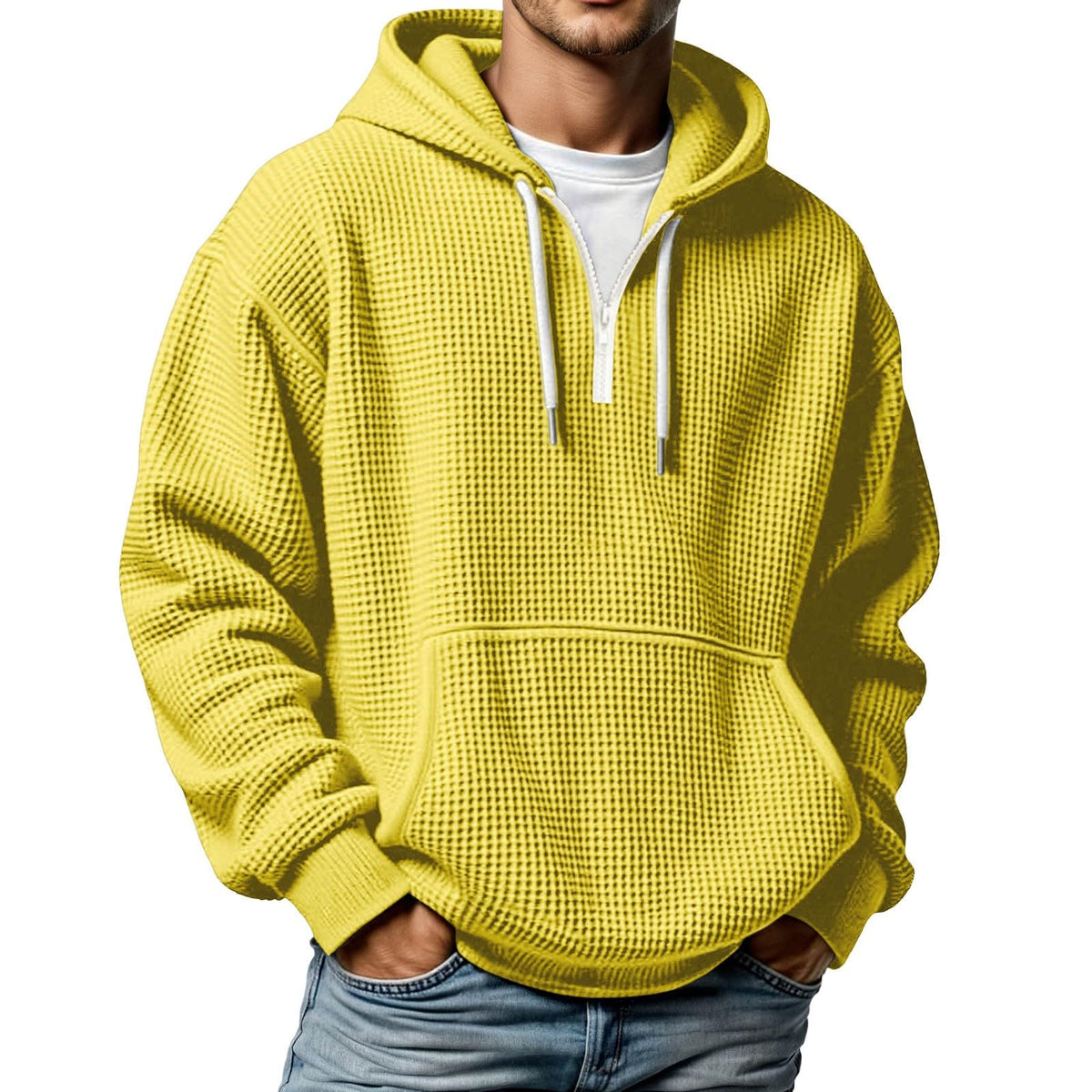Quarter Zip Pullover Men Waffle Knit Hoodie Casual Long Sleeve Drop Shoulder Sweatshirt Fashion Loose Pullover