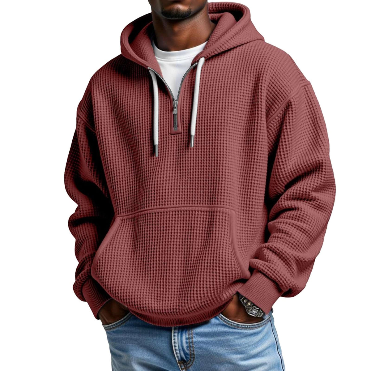 Waffle Knit Hoodie Men Quarter Zip Hoodie Men Comfort Pullover Fitness Long Sleeve Streetwear Sweatshirt