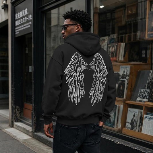 Mens Graphic Hoodies Streetwear Vintage Pullover Y2K Gothic Sweatshirts Angel Wings Casual Sweatshirt