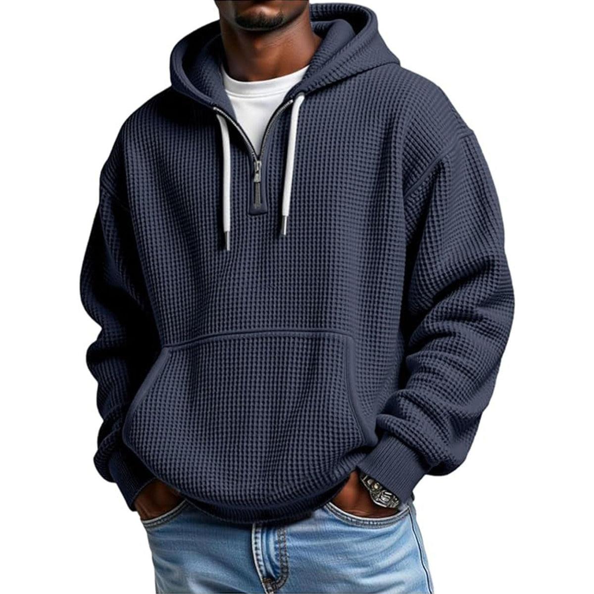 Hoodies for Men Waffle Quarter Zip Pullover Oversized Sweatshirt