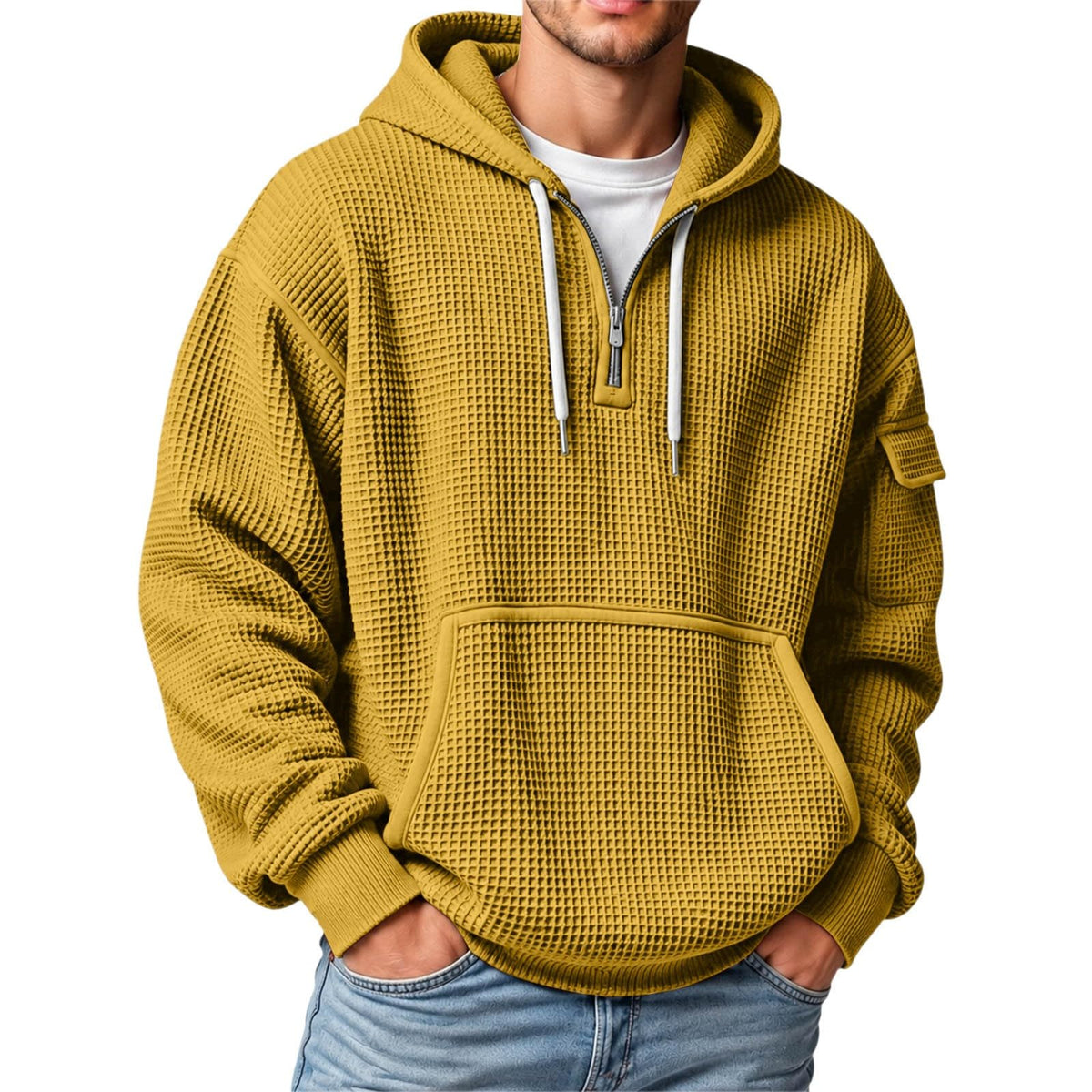 XS-5XL Men's Quarter Zip Hoodies Waffle Knit Pullover Long Sleeve Casual Sweatshirt Loose Fit Tops with Pockets