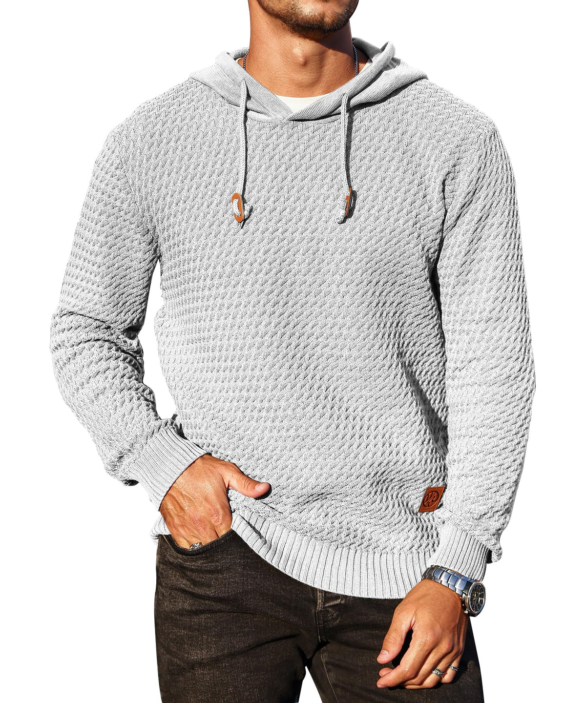 Men's Hoodie Pullover Casual Solid Waffle Knit Hooded Sweatshirt
