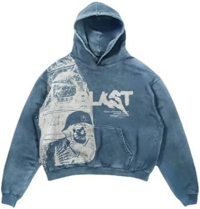 Obenie Retro Y2K Hoodie Gothic Casual Alphabet Blast Print Pattern Skull Fashion Hoodie Men Harajuku Men Clothing