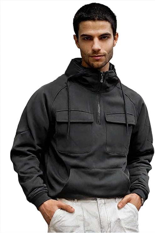 Cargo Hoodies for Men Tactical Sweatshirt Quarter Zip Cargo Pullover Hoodies Workout Gym Men Fashion Outdoor Hoodie