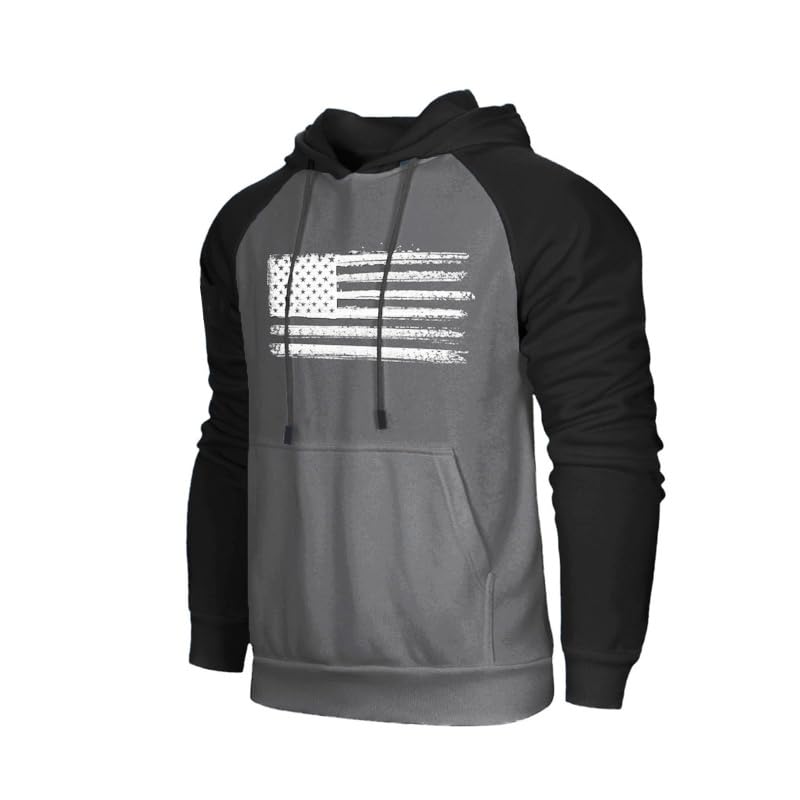 H HYFOL Men's Sweatshirt USA FLAG Patriotic Graphic Polyester Hoodies for Men Pocket Raglan Long Sleeve Sweatshirts