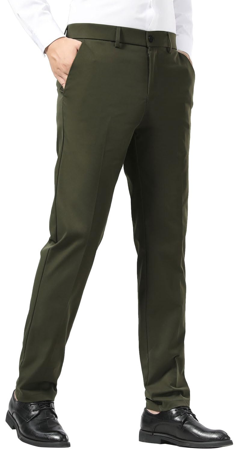 Plaid&Plain Men's Slim Fit Dress Pants Stretch Khaki Pants Wrinkle Free