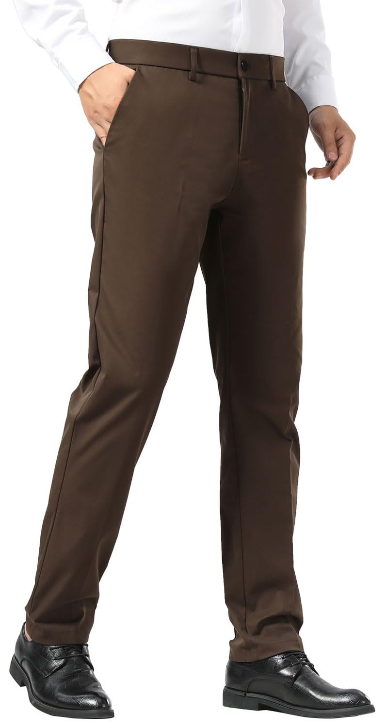 Plaid&Plain Men's Slim Fit Dress Pants Stretch Khaki Pants Wrinkle Free