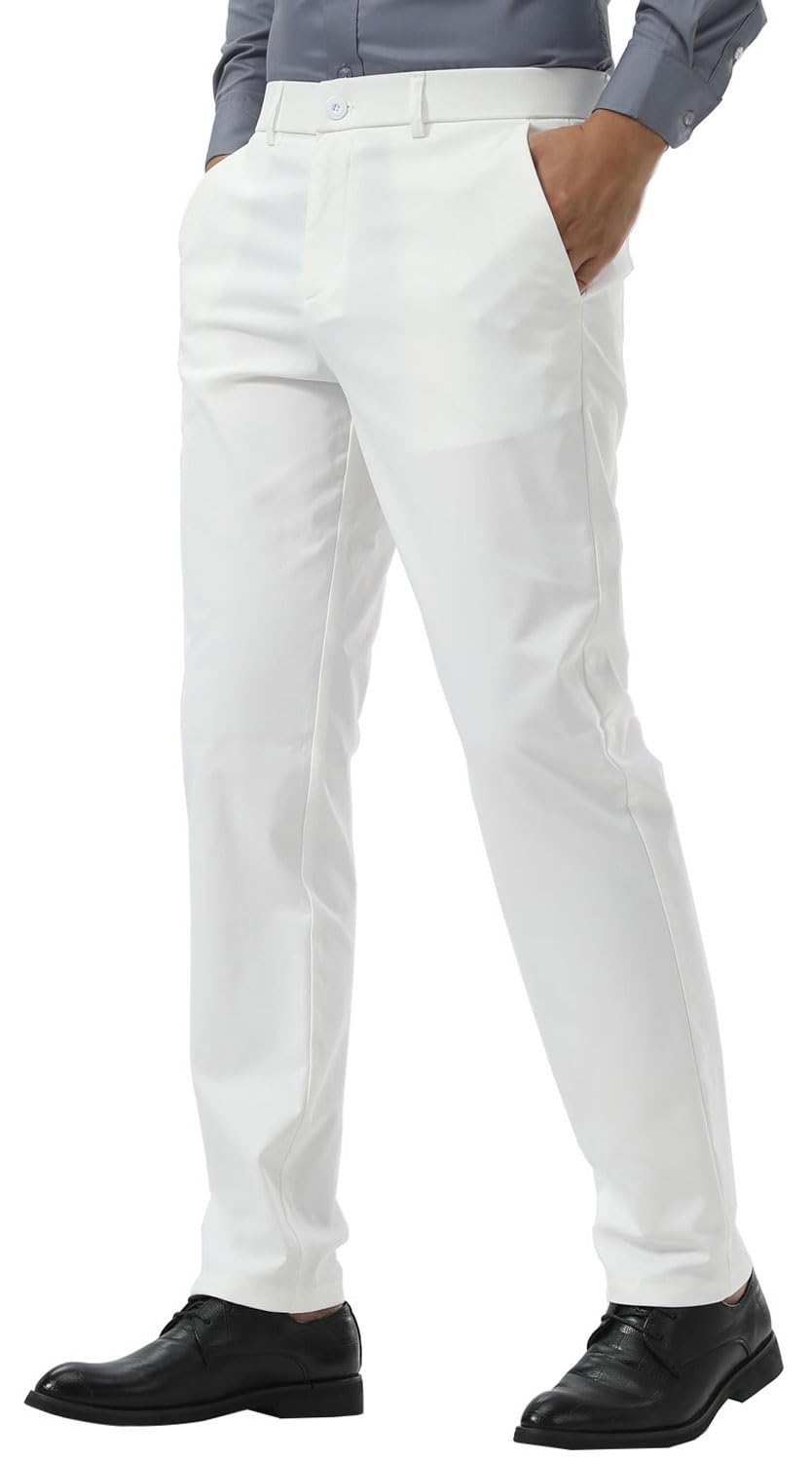 Plaid&Plain Men's Slim Fit Dress Pants Stretch Khaki Pants Wrinkle Free