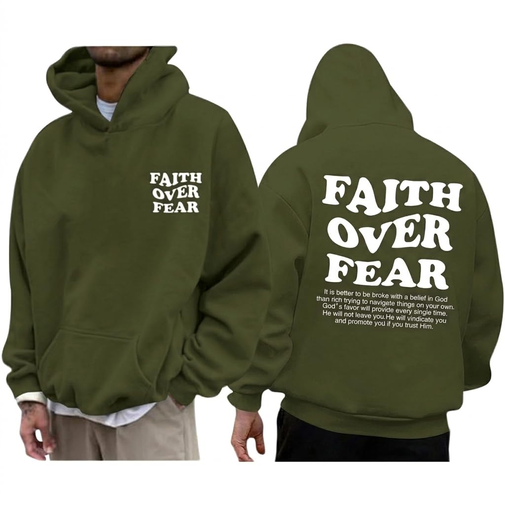 Faith Over Fear Hoodie Men Christian Jesus Sweatshirts Bible Verse Graphic Hoodies Inspirational Streetwear Pullover