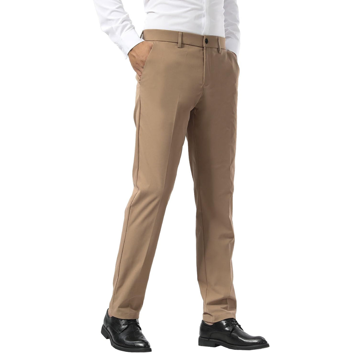 Plaid&Plain Men's Slim Fit Dress Pants Stretch Khaki Pants Wrinkle Free