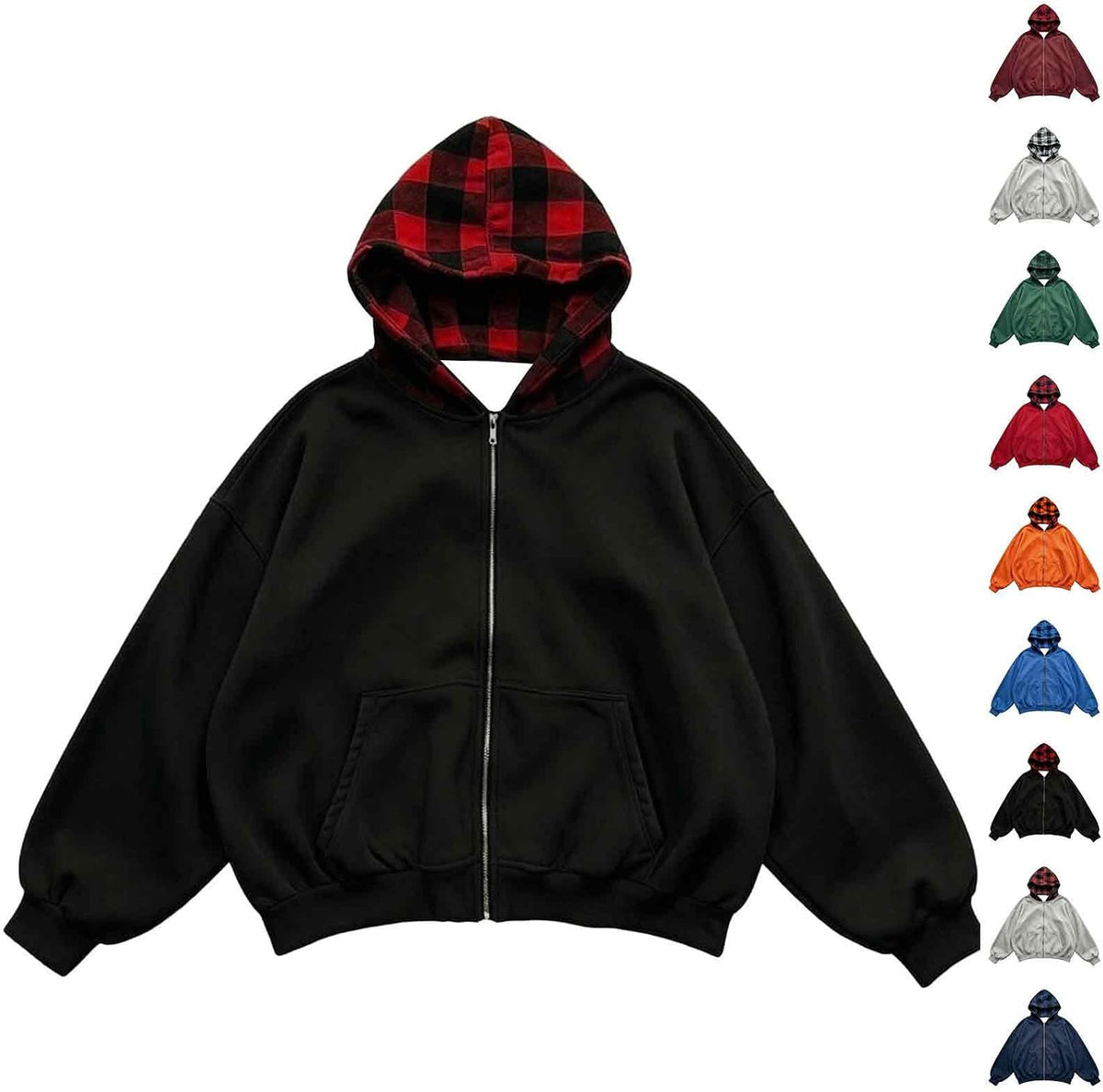 Full Zip Hoodies For Men Y2k Plaid Hoodie Reversible Oversized Graphic Sweatshirt Streetwear Jacket Hip Hop Outfits