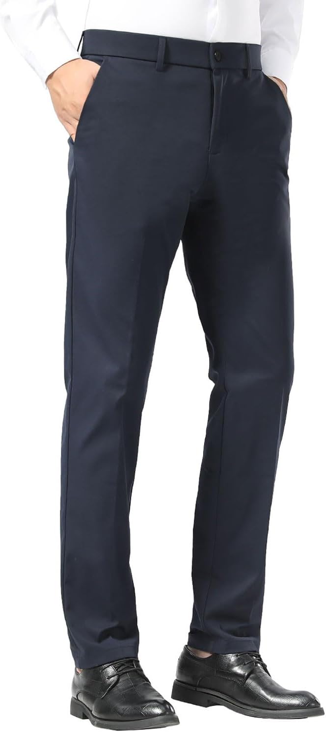 Plaid&Plain Men's Slim Fit Dress Pants Stretch Khaki Pants Wrinkle Free