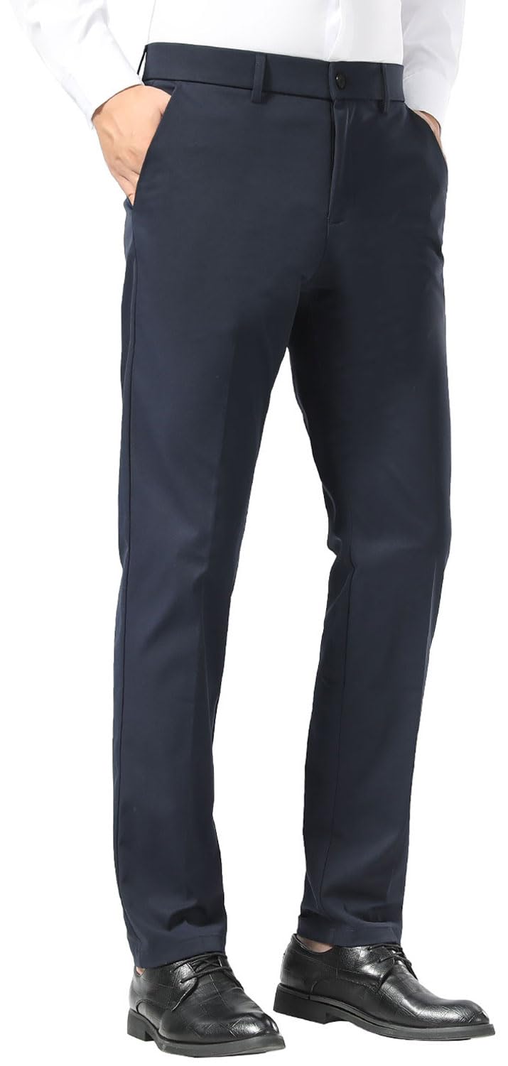 Plaid&Plain Men's Slim Fit Dress Pants Stretch Khaki Pants Wrinkle Free