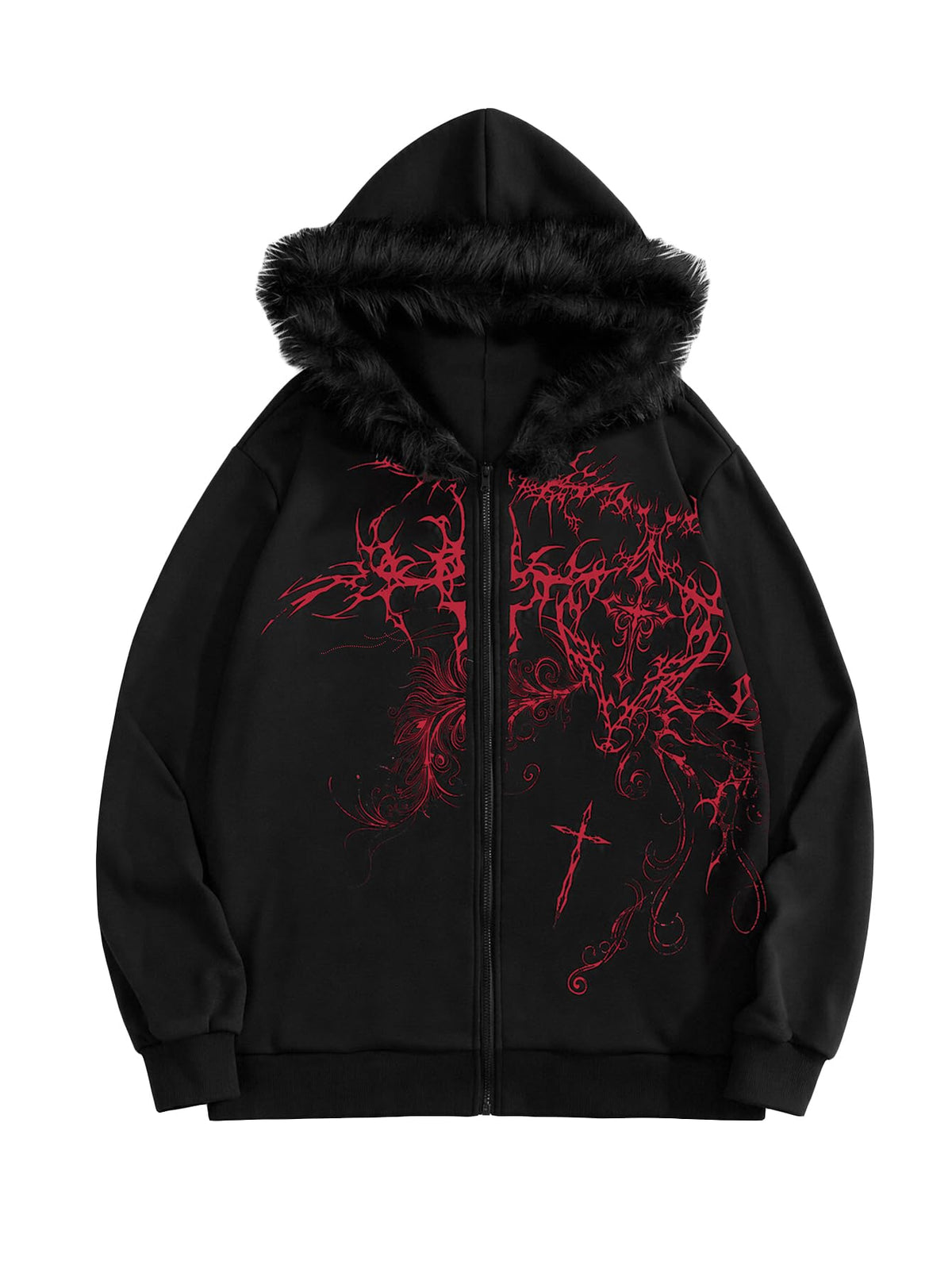 SOLY HUX Men's Y2K Grunge Zip Up Gothic Hoodie with Fur Hood