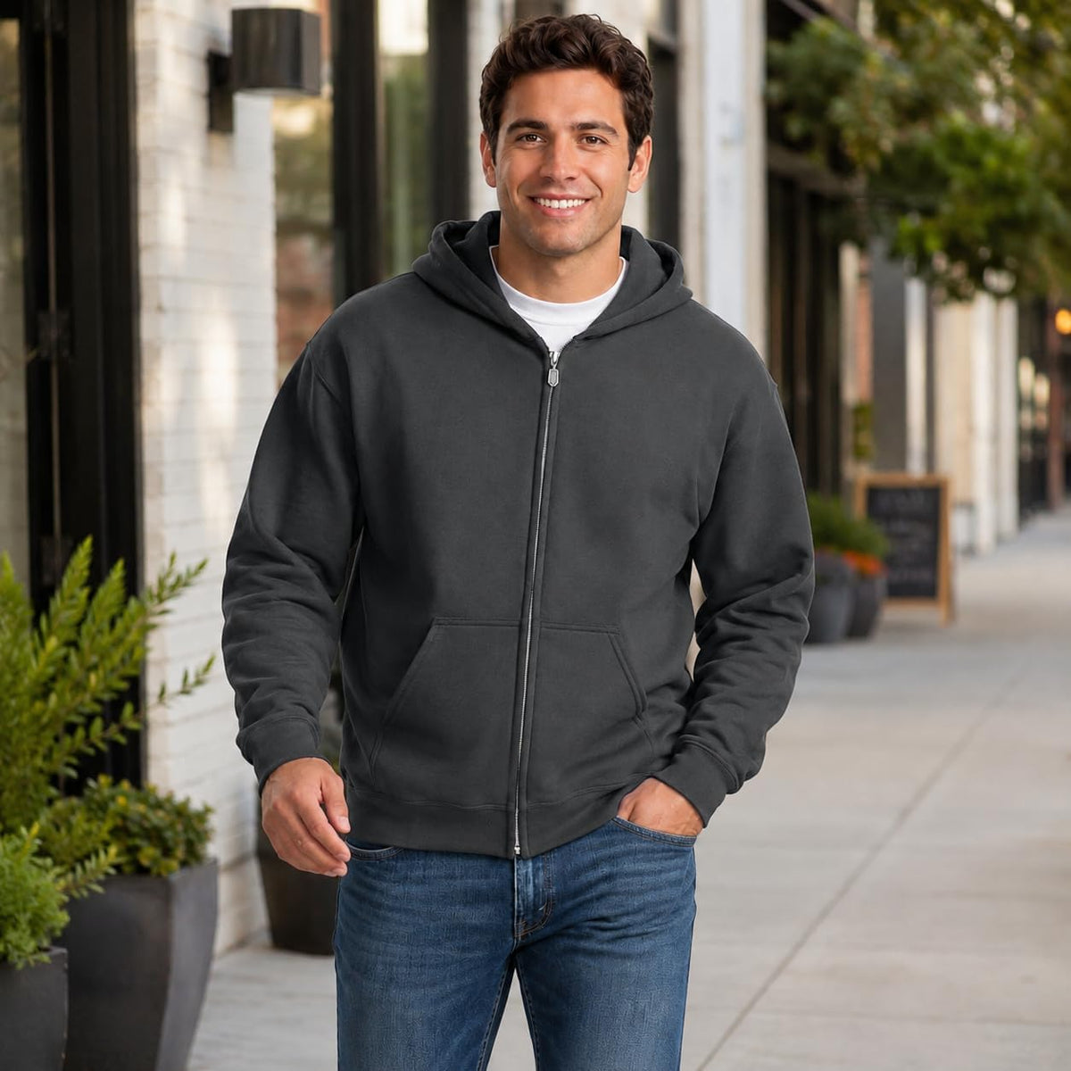 Zip Up Hoodie Men Fall Plain Hooded Sweatshirts Casual Jacket With Pockets