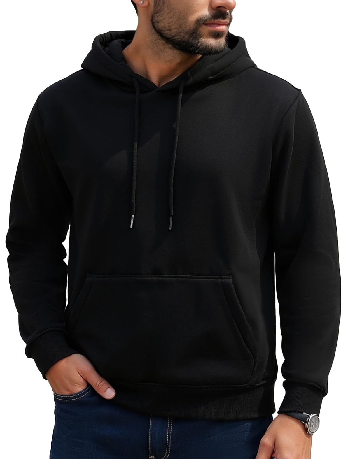 Mens Hoodies Pullover Midweight Fashion Long Sleeve Casual Hooded Sweatshirt Solid Color Fleece-Lined Hoodie