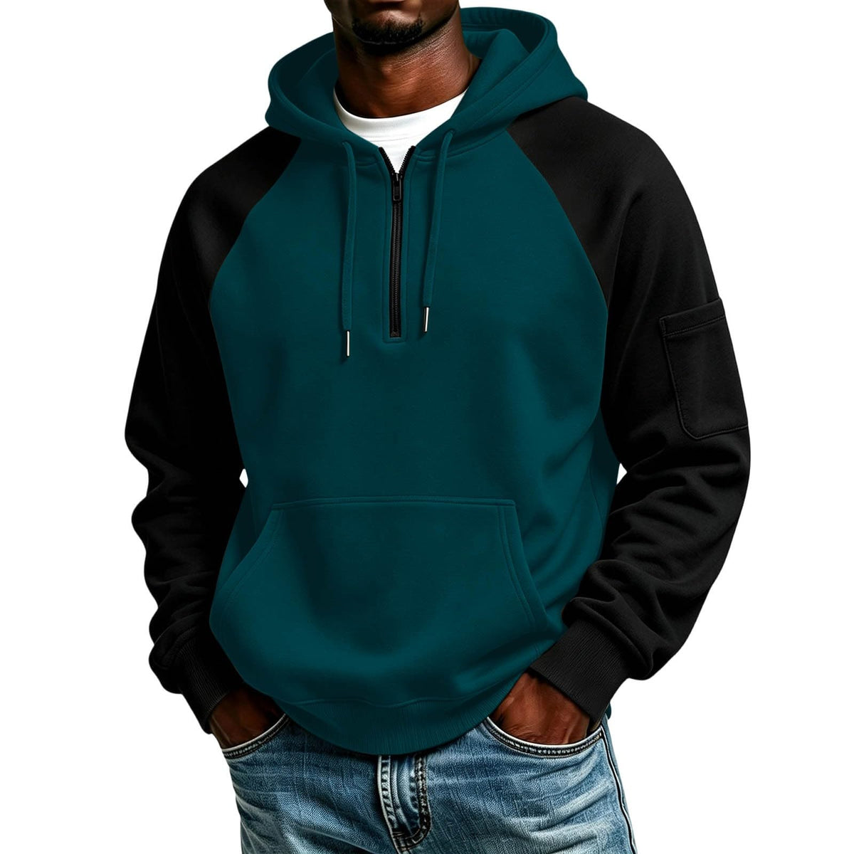 Quarter Zip Hoodies for Men Contrast Kangaroo Pocket Sweatshirt