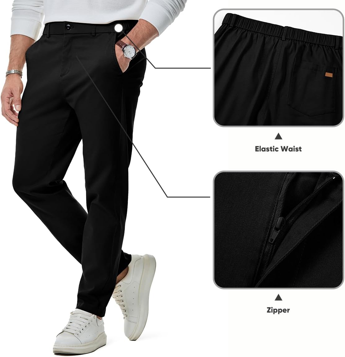 JMIERR Men's Chino Pants Casual Elastic Waist Tapered Golf Trousers