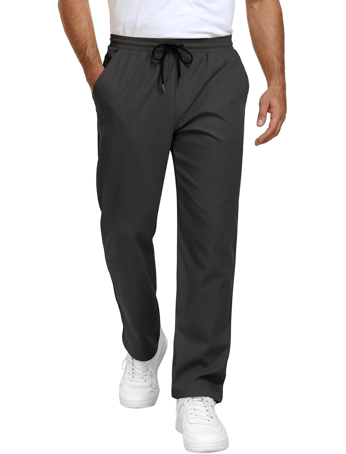 Mens Casual Pants Drawstring Elastic Waist Chino Pants with Pockets