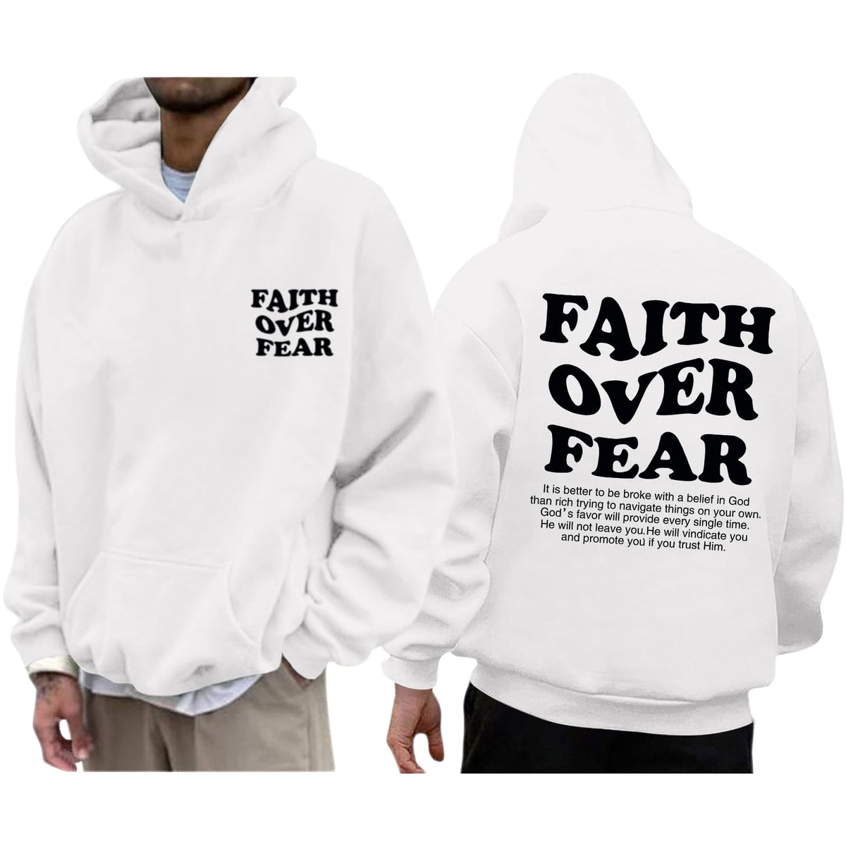 Faith Over Fear Hoodie Men Christian Jesus Sweatshirts Bible Verse Graphic Hoodies Inspirational Streetwear Pullover