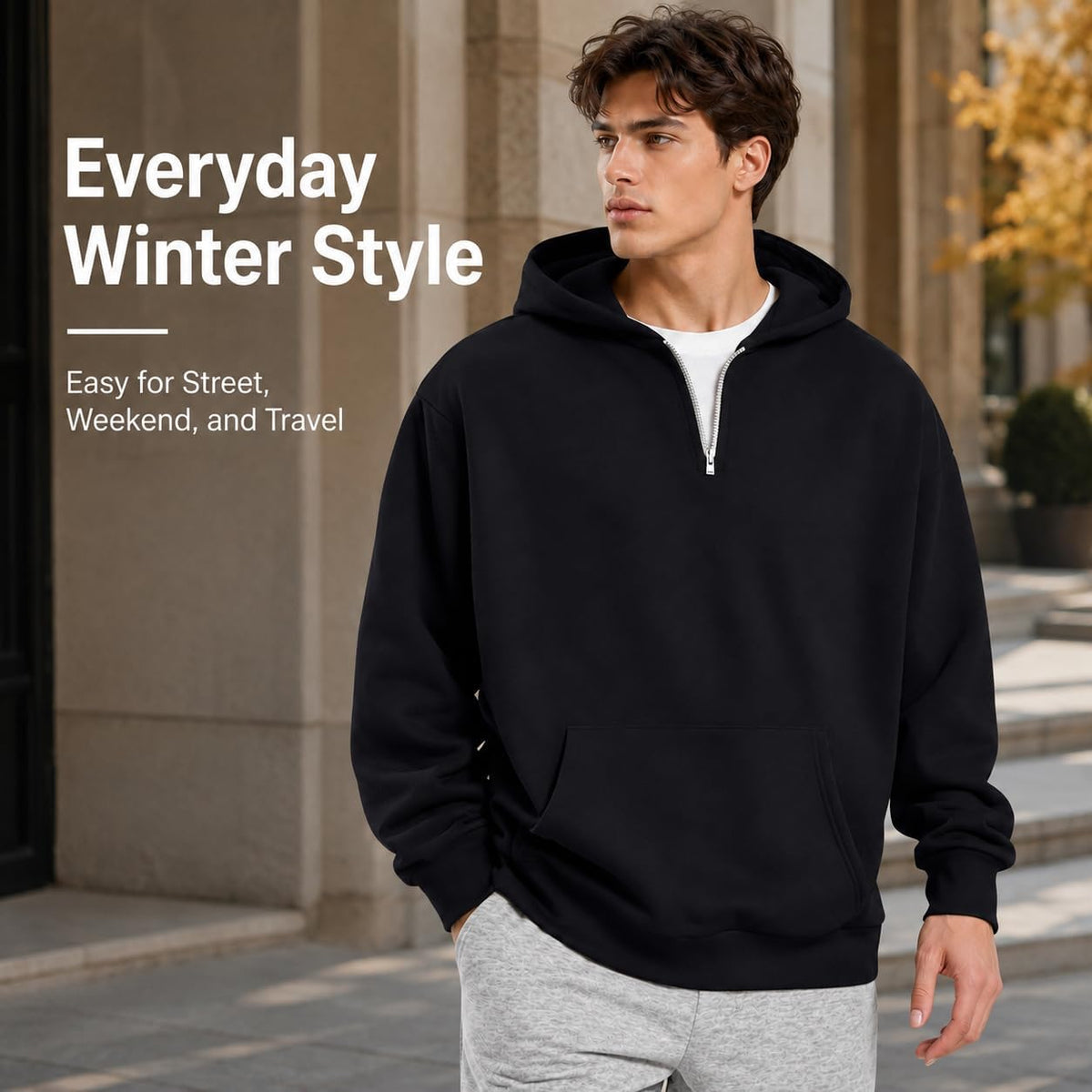 Men'S Quarter Zip Up Hoodies Fall Winter Jackets Drop Shoulder Sweatshirt