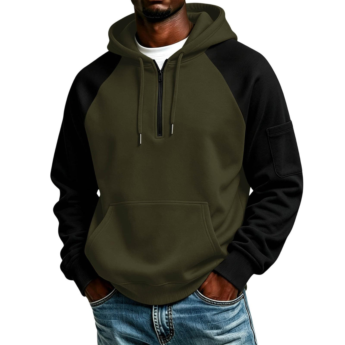 Quarter Zip Hoodies for Men Contrast Kangaroo Pocket Sweatshirt