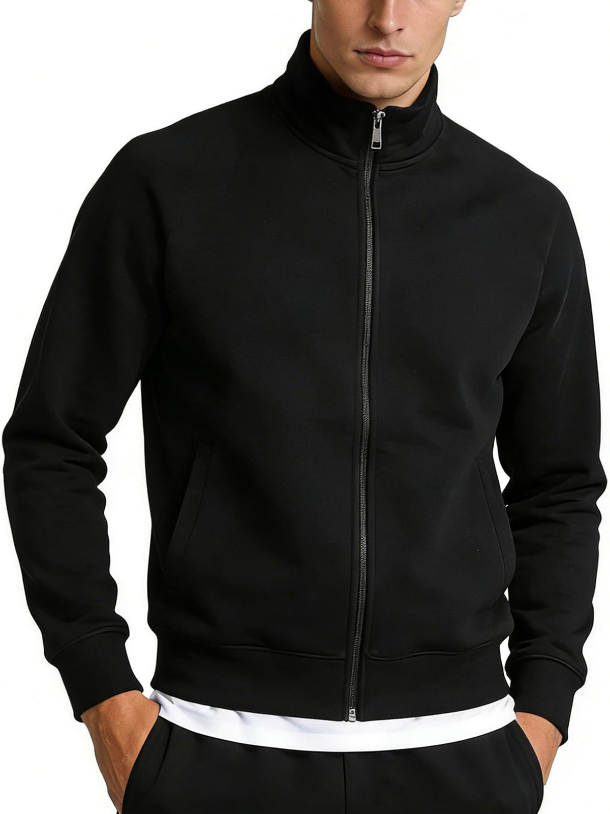Mens Zip Up Sweatshirt No Hood Mock Neck Sweatshirts Men's Fleece Jackets Full Zip Lightweight Jacket Seam Pocket