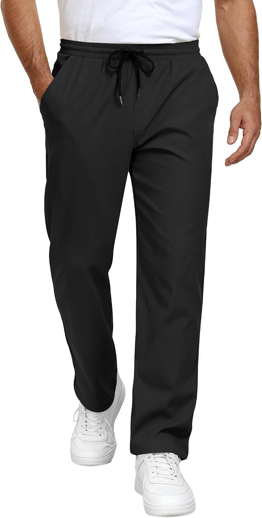 Mens Casual Pants Drawstring Elastic Waist Chino Pants with Pockets