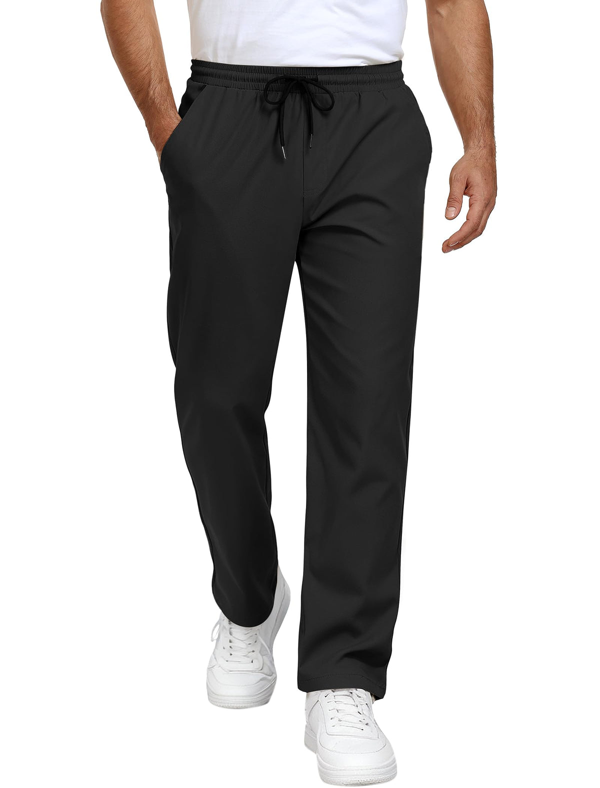Mens Casual Pants Drawstring Elastic Waist Chino Pants with Pockets