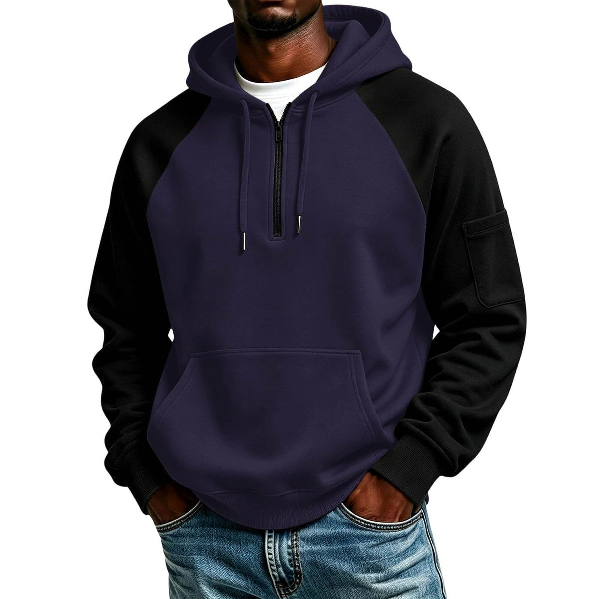 Quarter Zip Hoodies for Men Contrast Kangaroo Pocket Sweatshirt