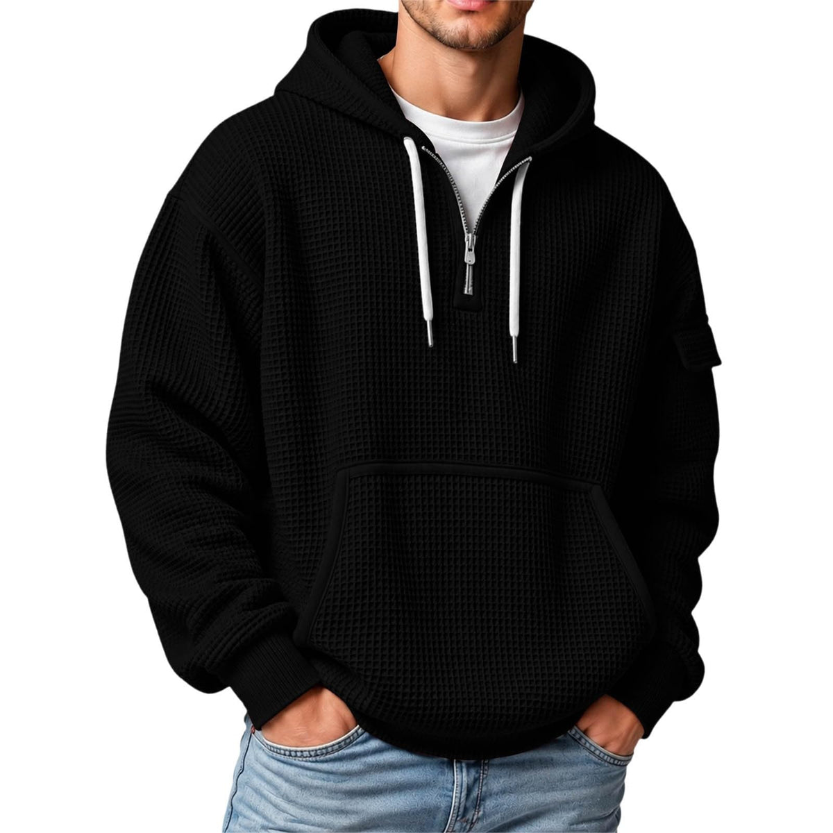 XS-5XL Men's Quarter Zip Hoodies Waffle Knit Pullover Long Sleeve Casual Sweatshirt Loose Fit Tops with Pockets