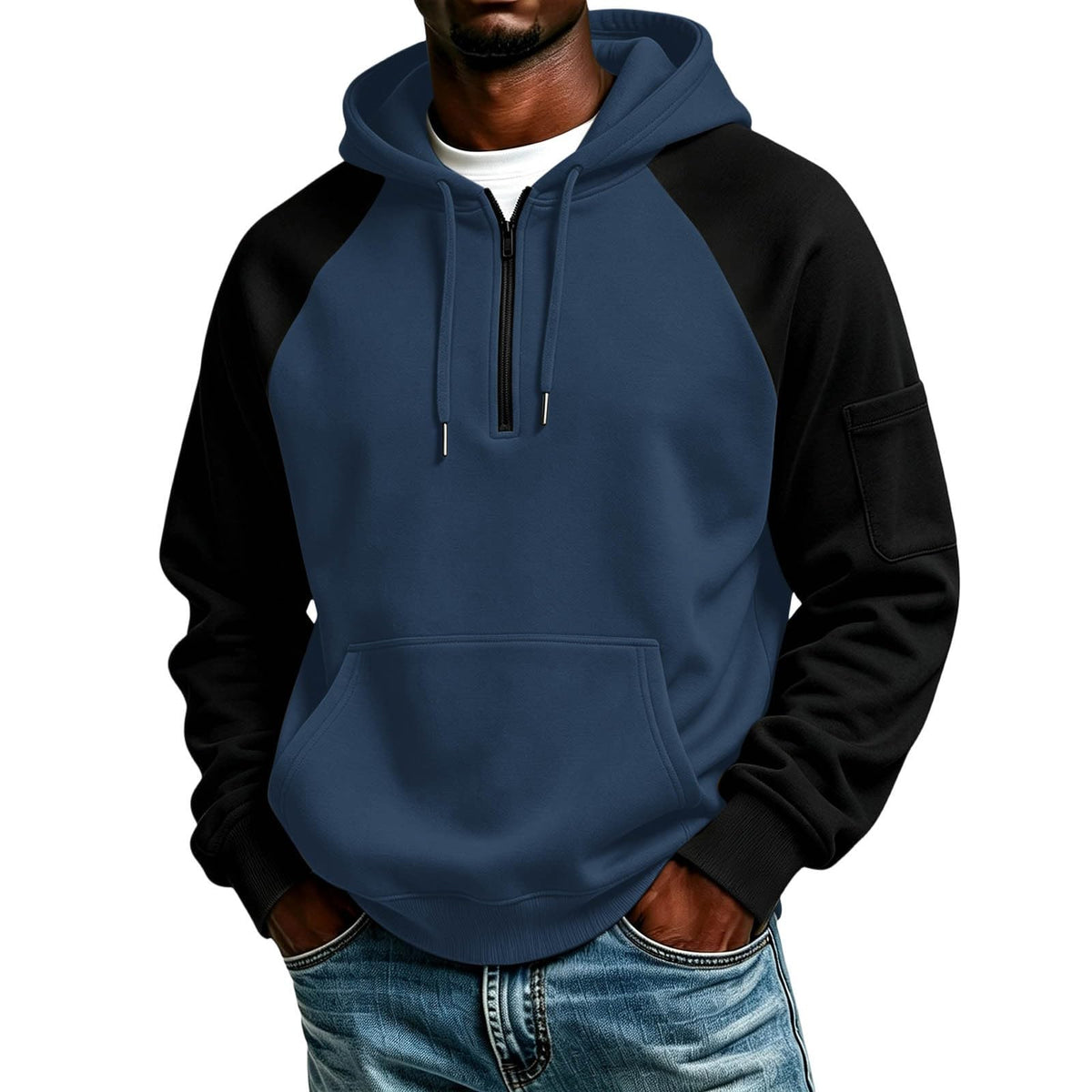 Quarter Zip Hoodies for Men Contrast Kangaroo Pocket Sweatshirt