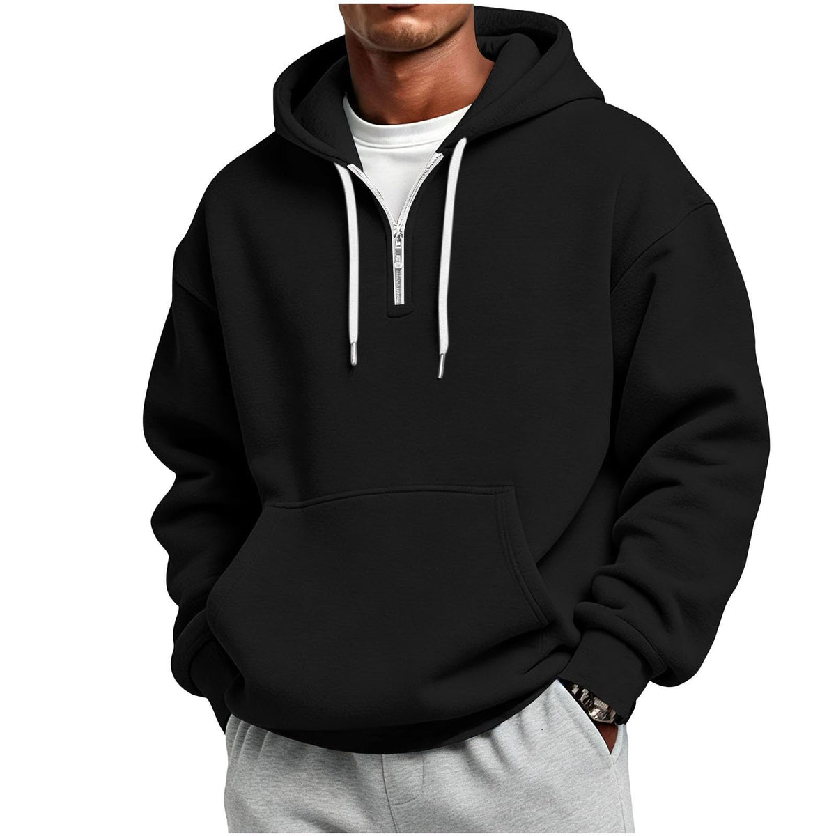 Men's Quarter Zip Hoodies Oversized Solid Pullover With Kangaroo Pocket