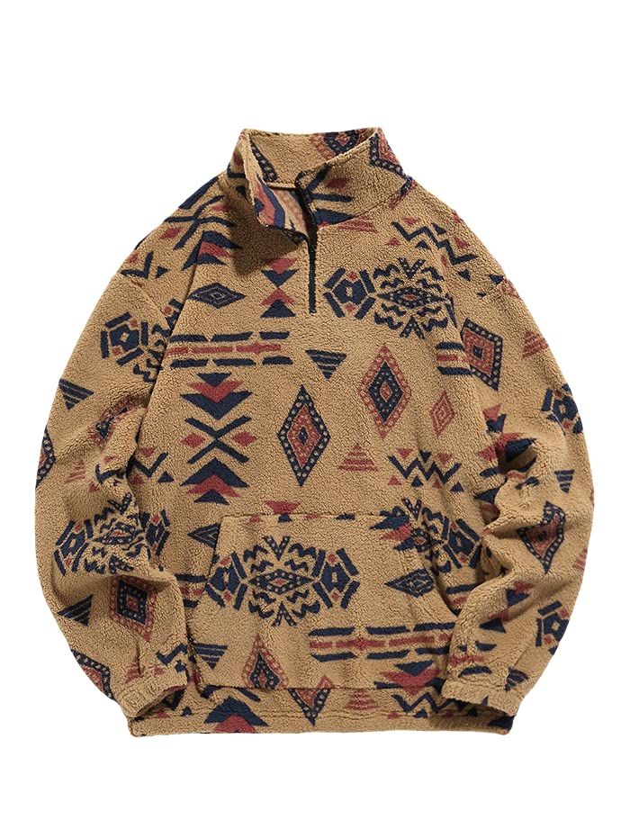 ZAFUL Men 1/4 Zipper Ethnic Aztec Fleece Unisex Winter Sweatshirt Tops 2026