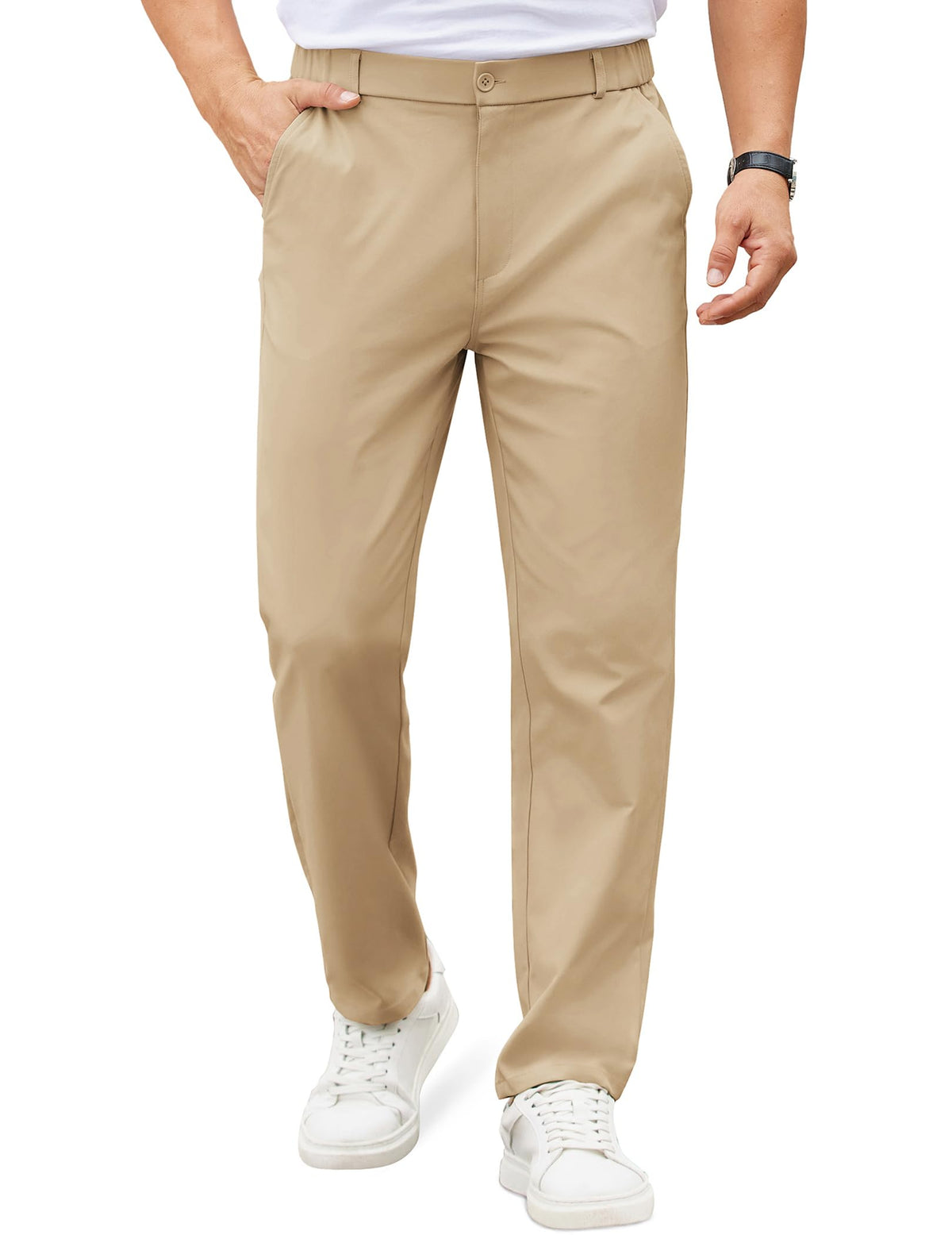 COOFANDY Mens Casual Chino Pants Elastic Waist Classic-Fit Dress Slacks