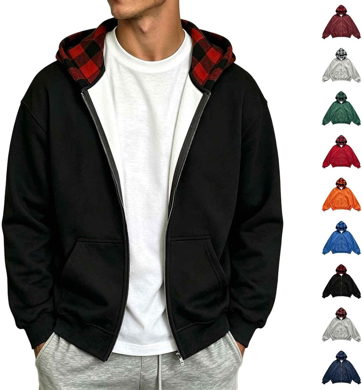 Full Zip Hoodies For Men Y2k Plaid Hoodie Reversible Oversized Graphic Sweatshirt Streetwear Jacket Hip Hop Outfits