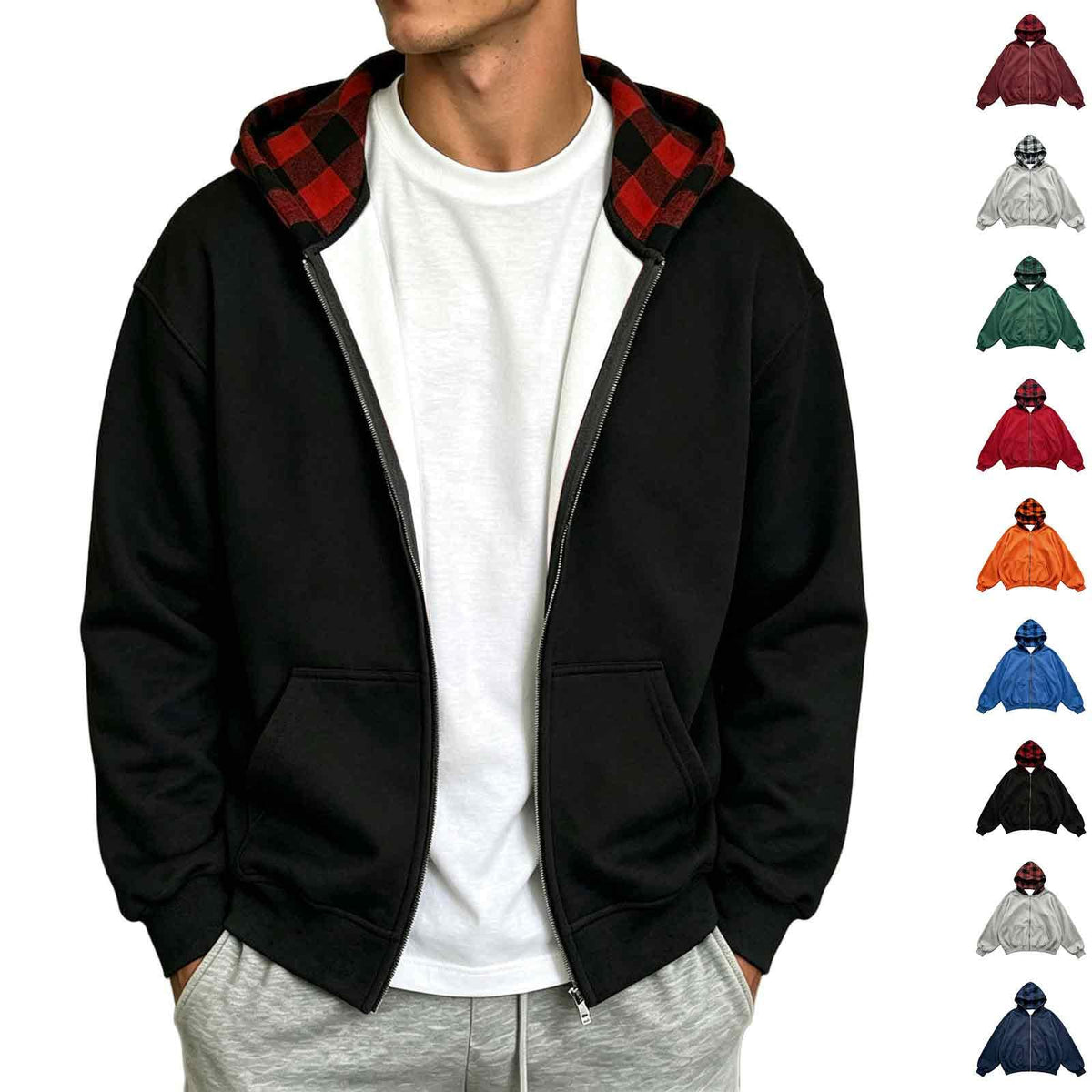 Full Zip Hoodies For Men Y2k Plaid Hoodie Reversible Oversized Graphic Sweatshirt Streetwear Jacket Hip Hop Outfits