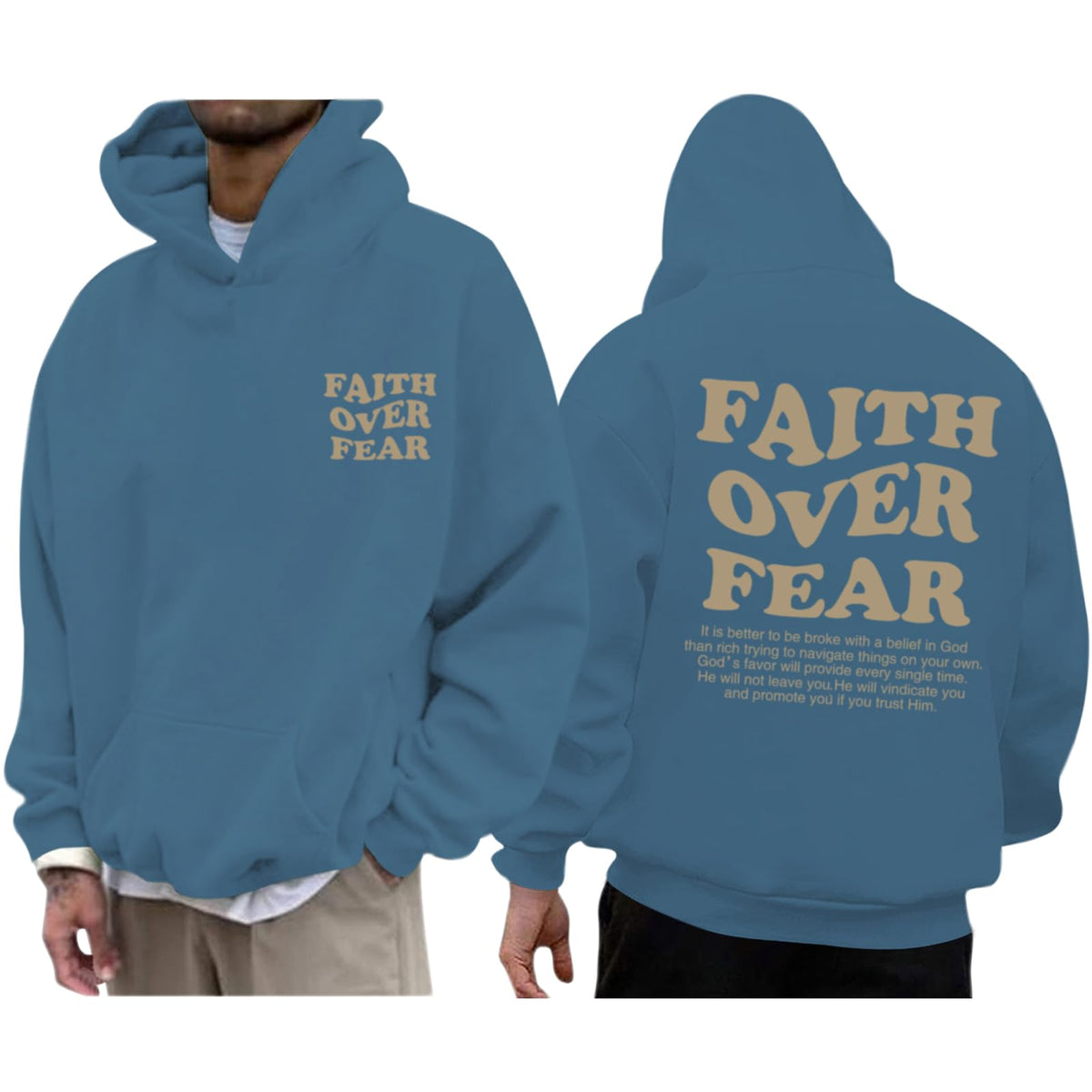 Faith Over Fear Hoodie Men Christian Jesus Sweatshirts Bible Verse Graphic Hoodies Inspirational Streetwear Pullover