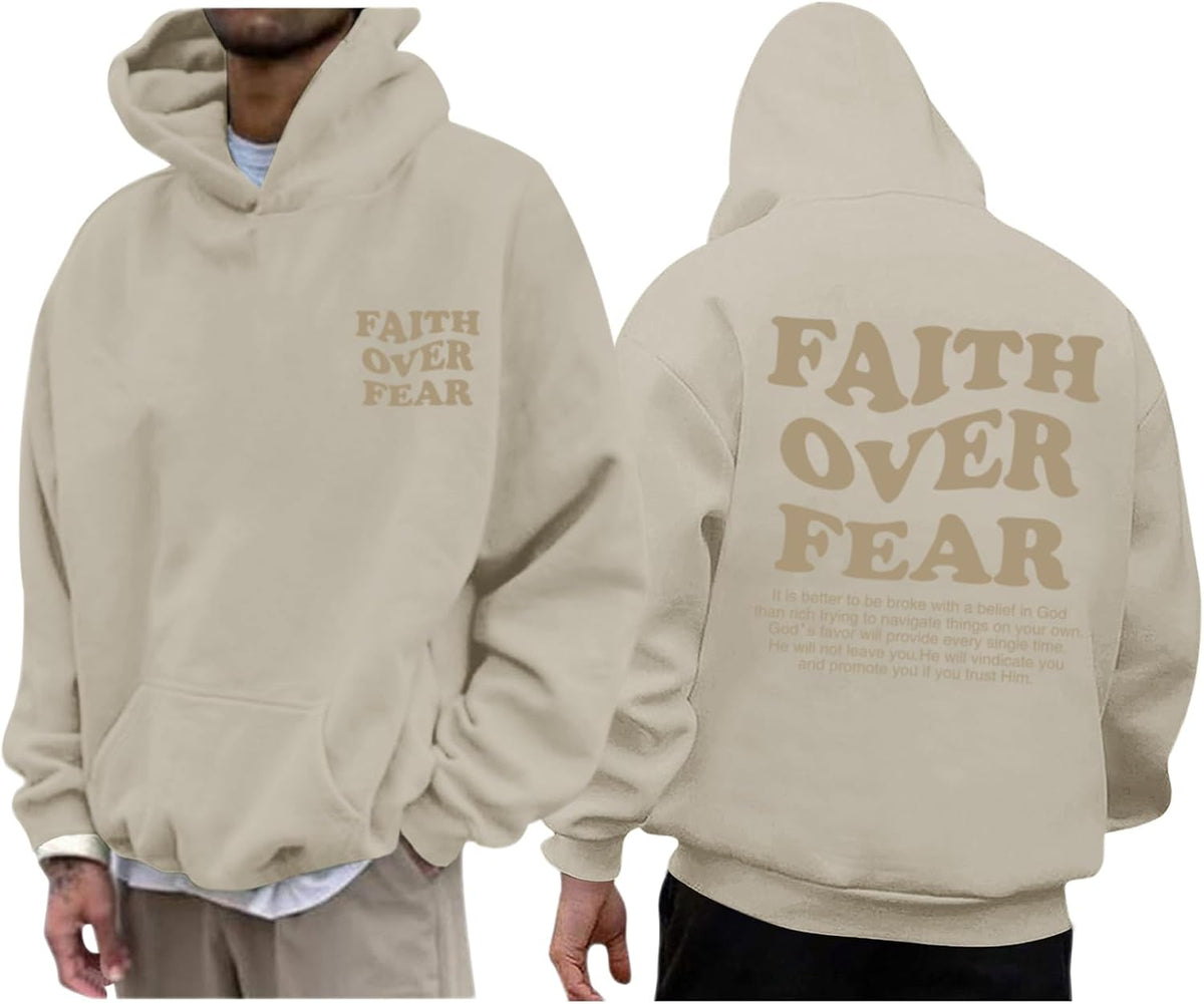 Faith Over Fear Hoodie Men Christian Jesus Sweatshirts Bible Verse Graphic Hoodies Inspirational Streetwear Pullover