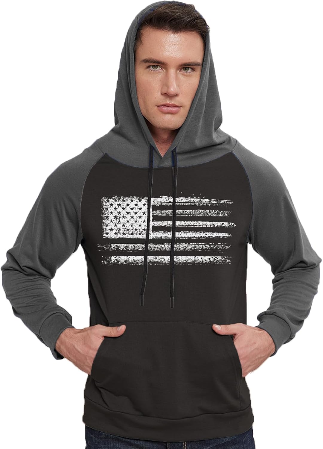 H HYFOL Men's Sweatshirt USA FLAG Patriotic Graphic Polyester Hoodies for Men Pocket Raglan Long Sleeve Sweatshirts