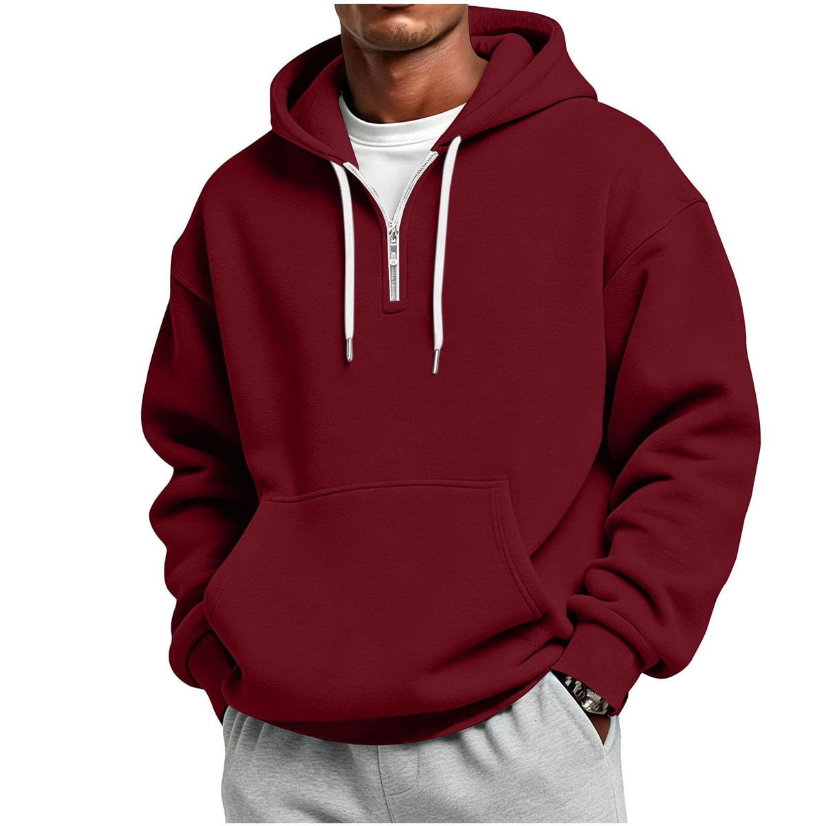 Men's Quarter Zip Hoodies Oversized Solid Pullover With Kangaroo Pocket