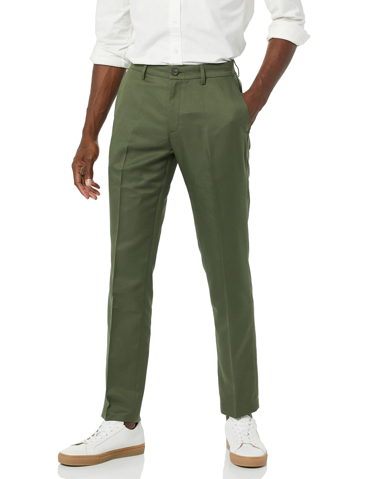 Amazon Essentials Men's Slim-Fit Flat-Front Dress Pants, Straight Leg, Polyester, Stone