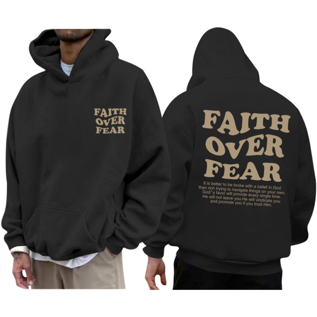 Faith Over Fear Hoodie Men Christian Jesus Sweatshirts Bible Verse Graphic Hoodies Inspirational Streetwear Pullover