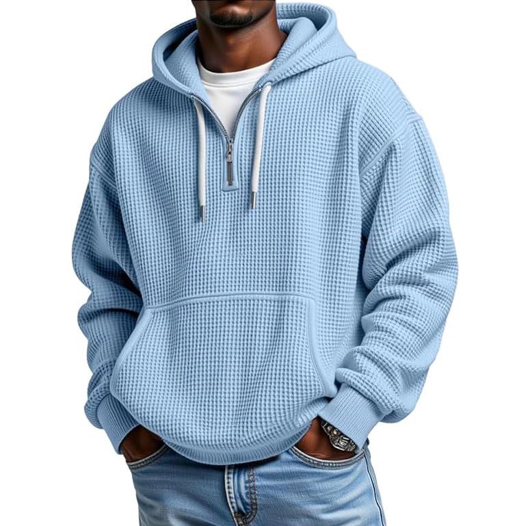 Hoodies for Men Waffle Quarter Zip Pullover Oversized Sweatshirt