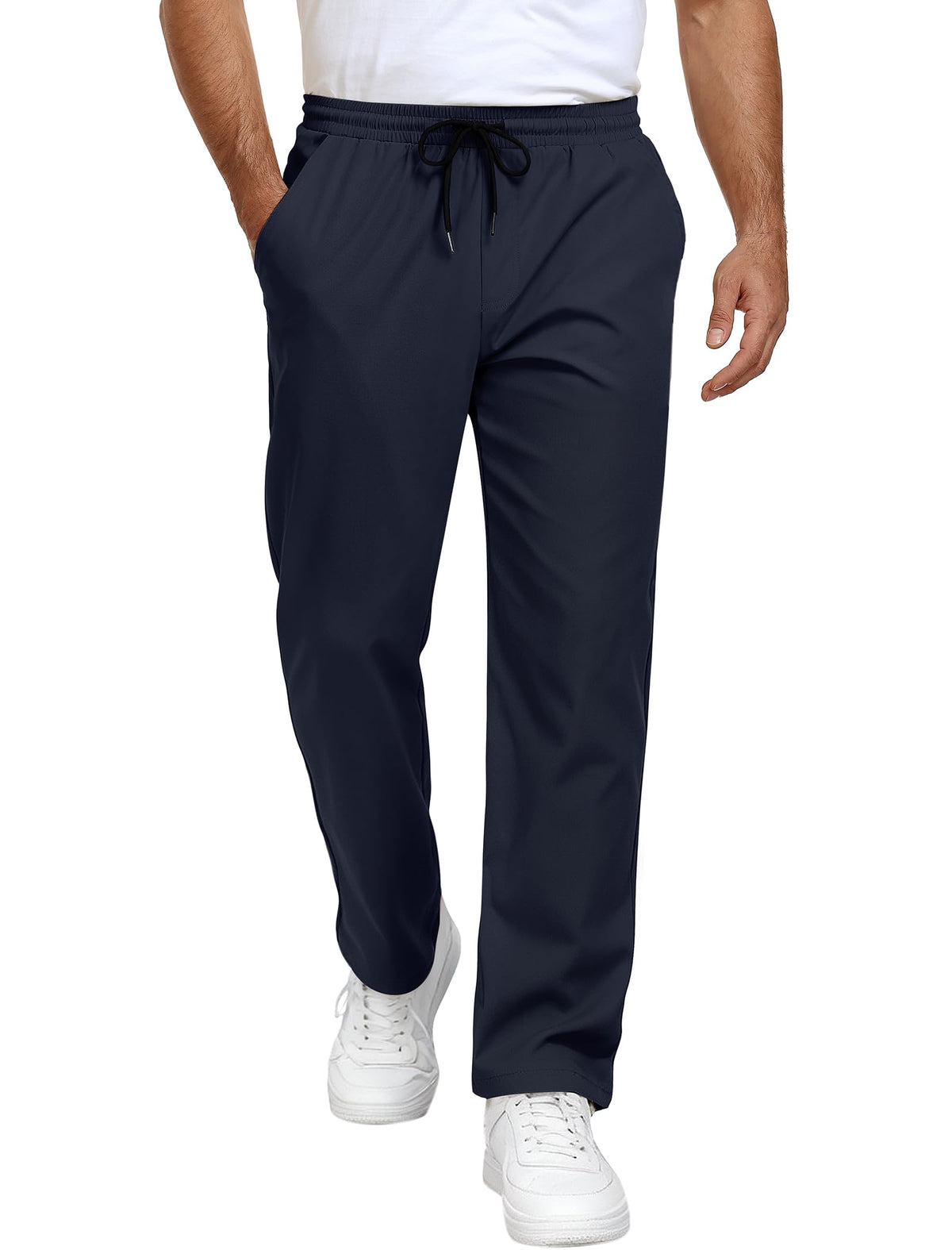 Mens Casual Pants Drawstring Elastic Waist Chino Pants with Pockets