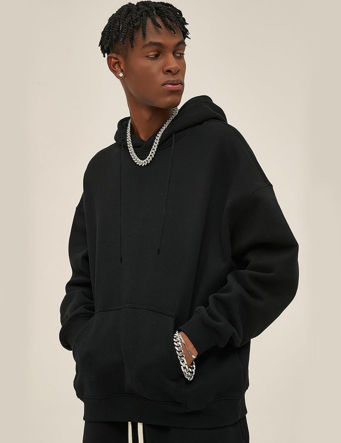 Flygo Mens Oversized Fleece Hoodie Drop Shoulder Streetwear Sweatshirt