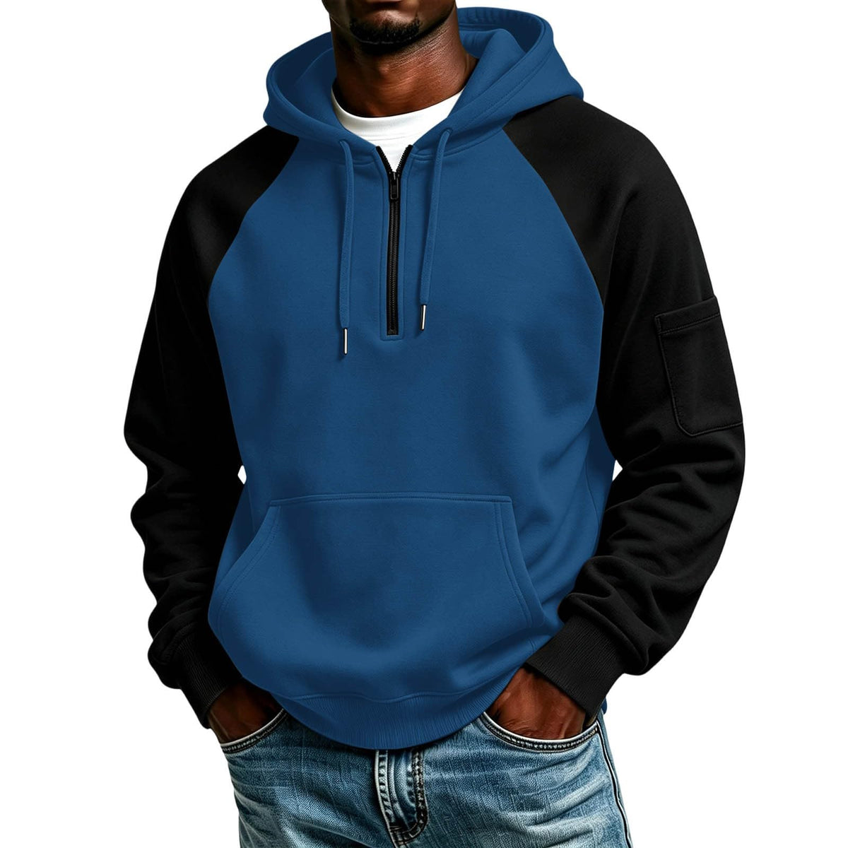 Quarter Zip Hoodies for Men Contrast Kangaroo Pocket Sweatshirt