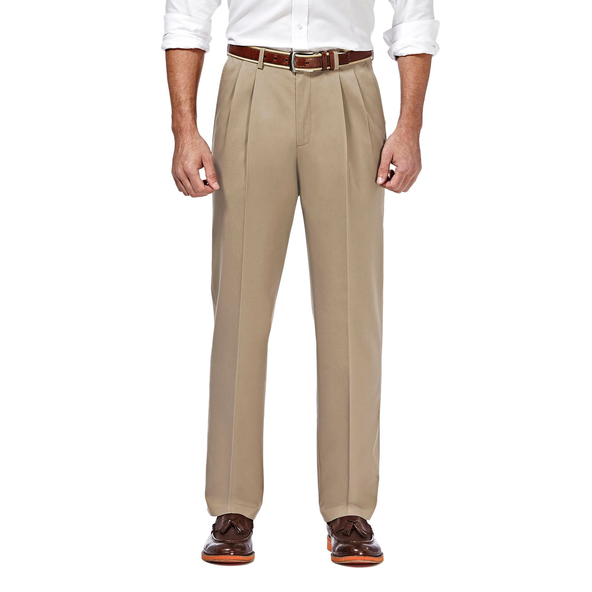 Haggar Men's Classic Fit Premium No Iron Khaki Pleated Pant