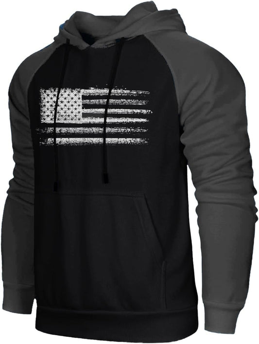 H HYFOL Men's Sweatshirt USA FLAG Patriotic Graphic Polyester Hoodies for Men Pocket Raglan Long Sleeve Sweatshirts